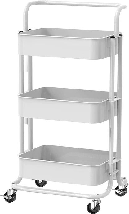 3-Tier Metal Rolling Cart Utility & Storage Cart with Lockable Wheels Kitchen Bathroom Office(White)