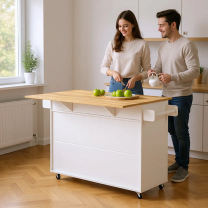 Homy Casa 56" Rolling Kitchen Island with Wood Top, Storage Cabinet, 3 Drawers, Towel Racks, White