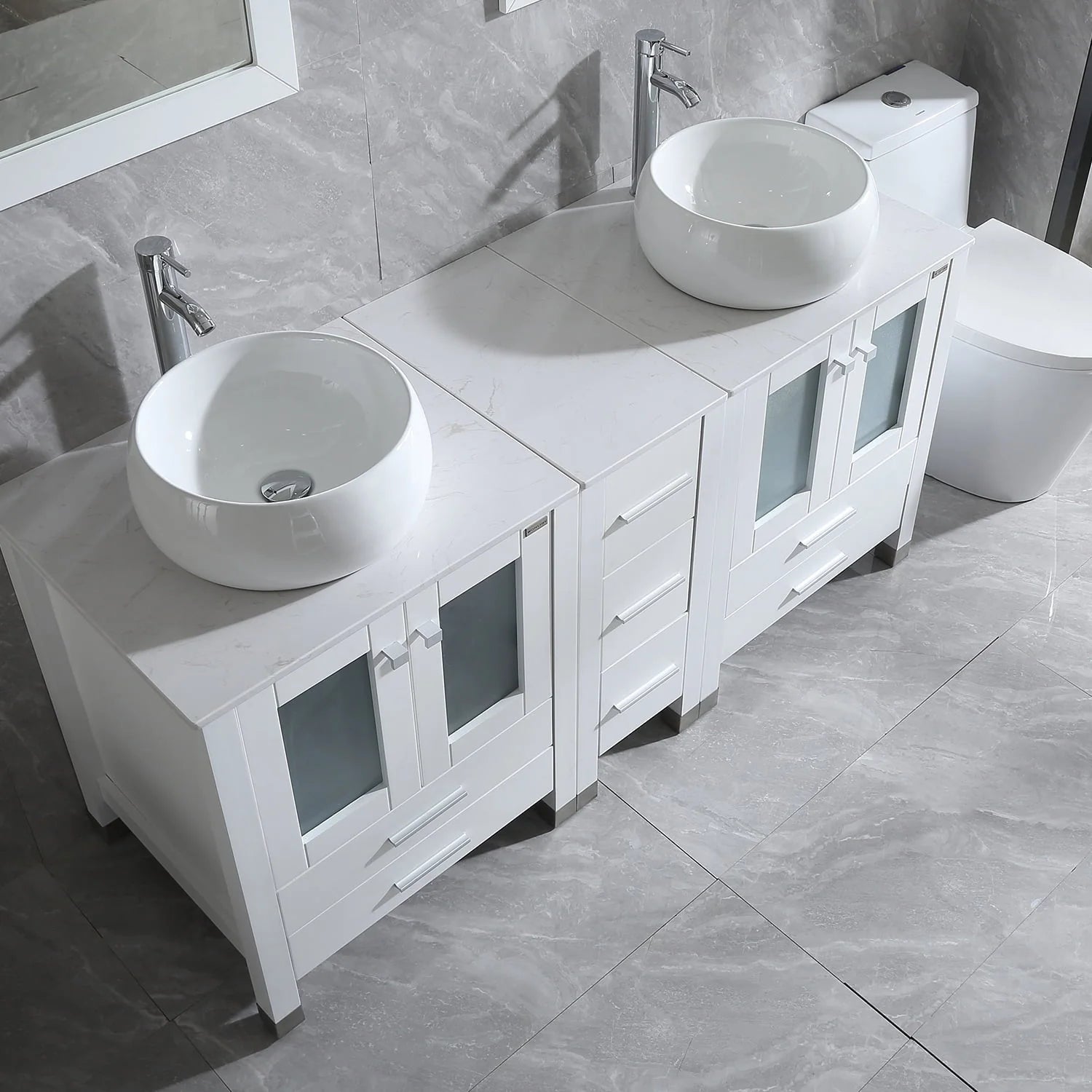Wonline 60" Bathroom Vanity Wood Cabinet Double Ceramic Sink w/Mirror White