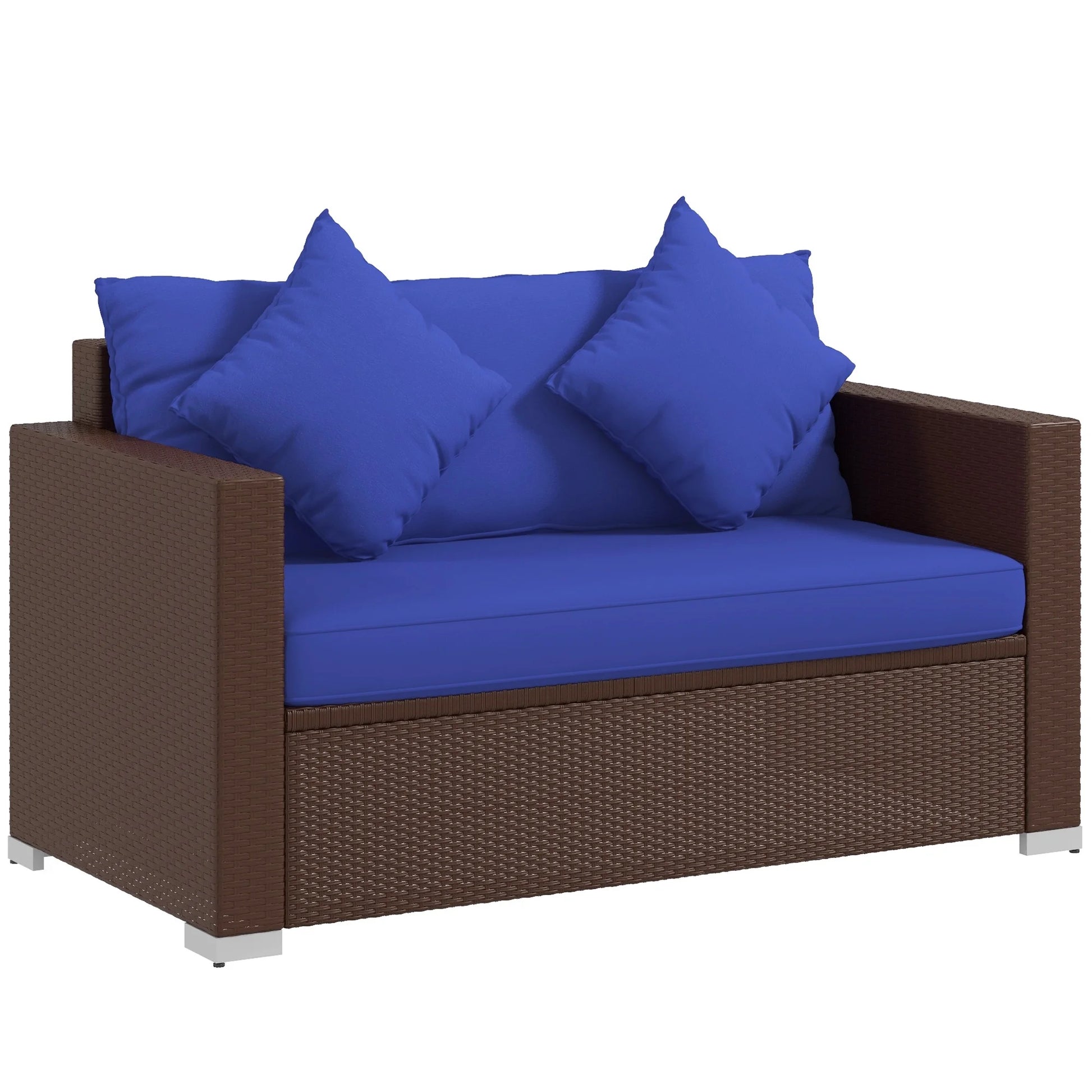 Outsunny Outdoor Wicker Loveseat, Patio Furniture Couch with Cushions, 2 Seats PE Rattan Sofa, 2 Throw Pillows for Porch, Backyard, Pool, Beige