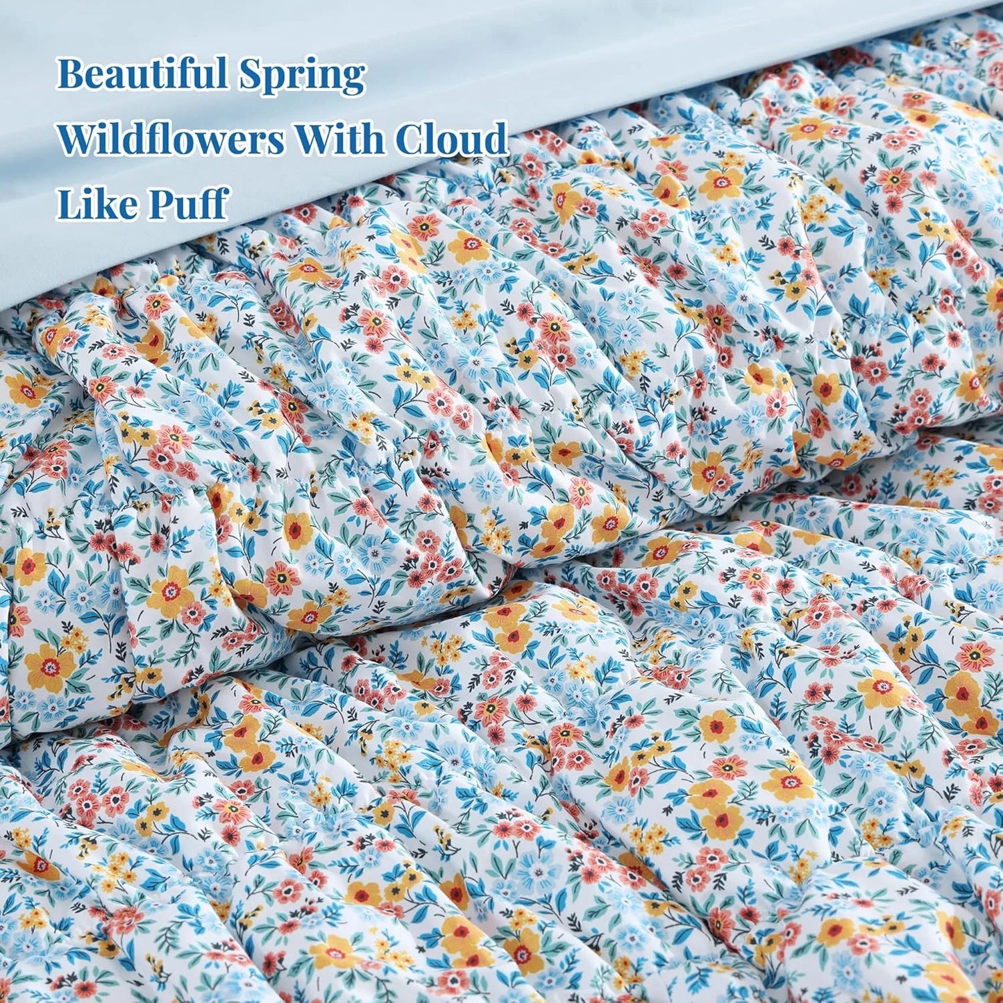 7 Pieces Blue Classic Puff Floral Bedding Sets for All Seasons, Shabby Chic Farmhouse Bed in a Bag Queen with Wildflowers Fluffy Comforter, Sheets, Pillowcases & Shams
