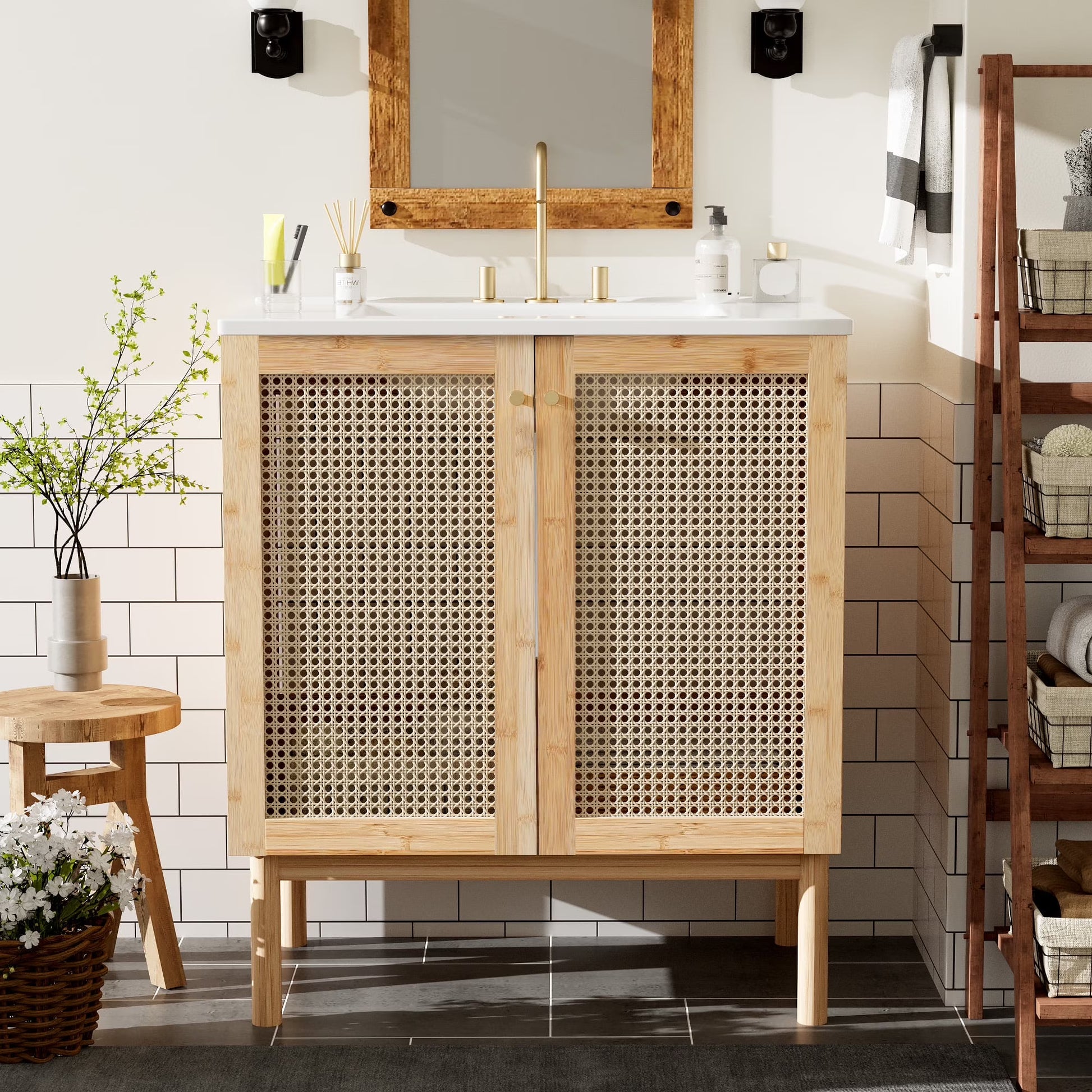 Harper & Bright Designs 30" Rattan Bathroom Vanity Combo with Ceramic Sink, Bathroom Vanity Cabinet with Soft Close Doors, Wood