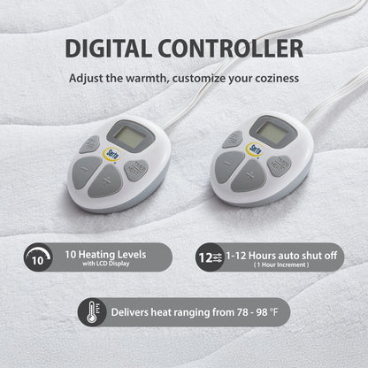 Serta Plush Queen Top Heated Plush Electric Mattress Pad, Auto Shut Off Ultra-Soft Waterproof Heating Mattress Protector with Dual Controller and 10 Heat Settings White