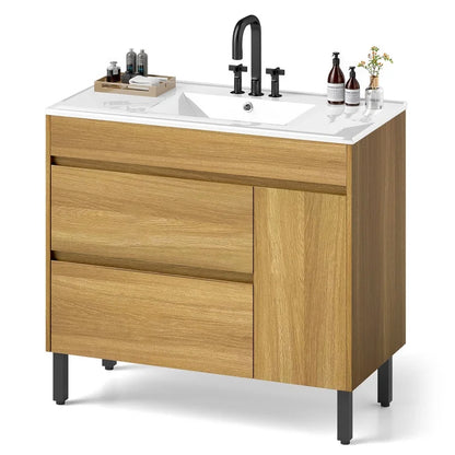 Uforic 36 " Bathroom Vanity with Undermount Sink, Free Standing Bathroom Storage Cabinet with 2 Drawers, Oak