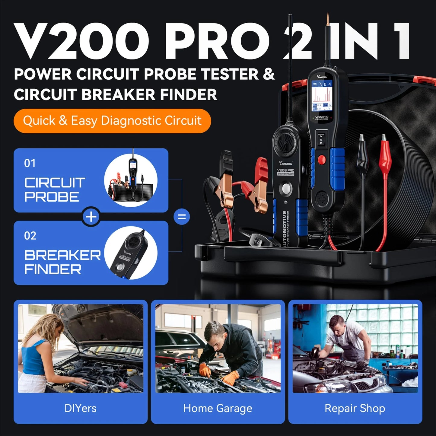 VDIAGTOOL V200 PRO Automotive Power Probe Tester Circuit Breaker Finder Tool 12/24V Electrical Open Short Circuit Finder Wire Tracer