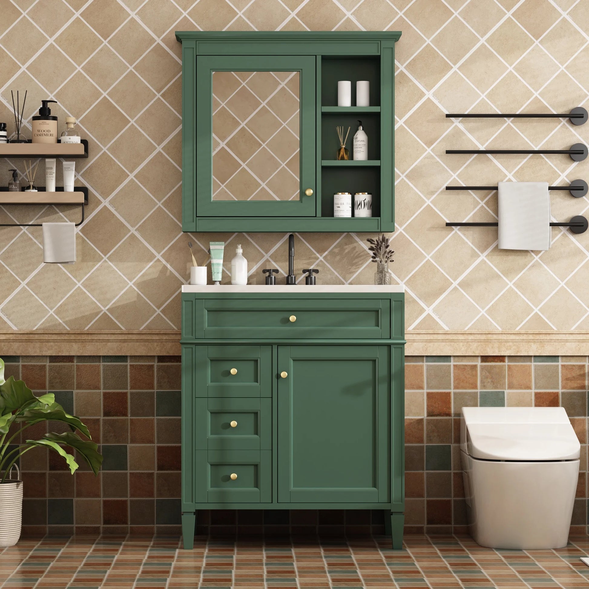 30'' Bathroom Vanity with Top Sink, Freestanding Vanity Set with Mirror Cabinet,Green