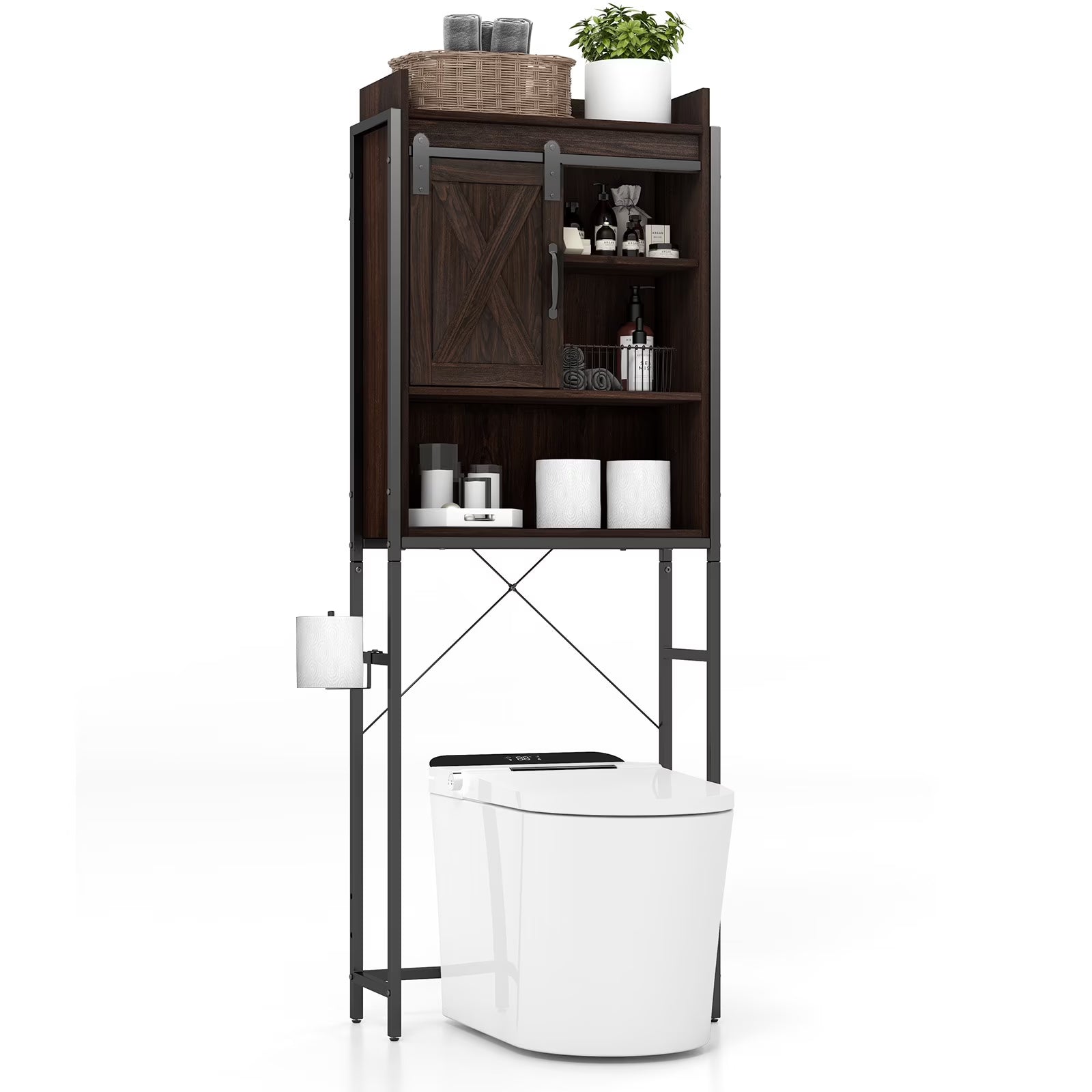 Topbuy Over The Toilet Storage Cabinet 4-Tier Bathroom Organizer w/Adjustable Shelves Sliding Barn Door & Toilet Paper Holder Rustic Brown