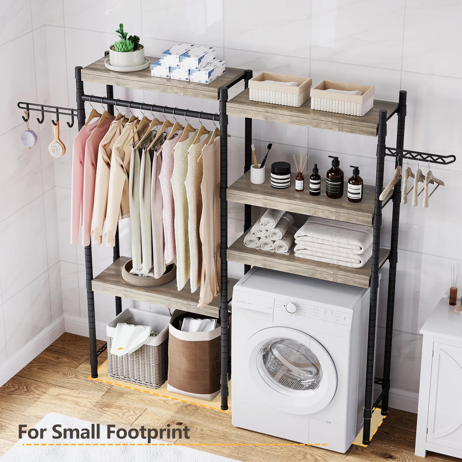 5 Tier Wood Over The Washer and Dryer Storage Shelf, Adjustable Height Laundry Drying Clothes Racks Bathroom Shelf