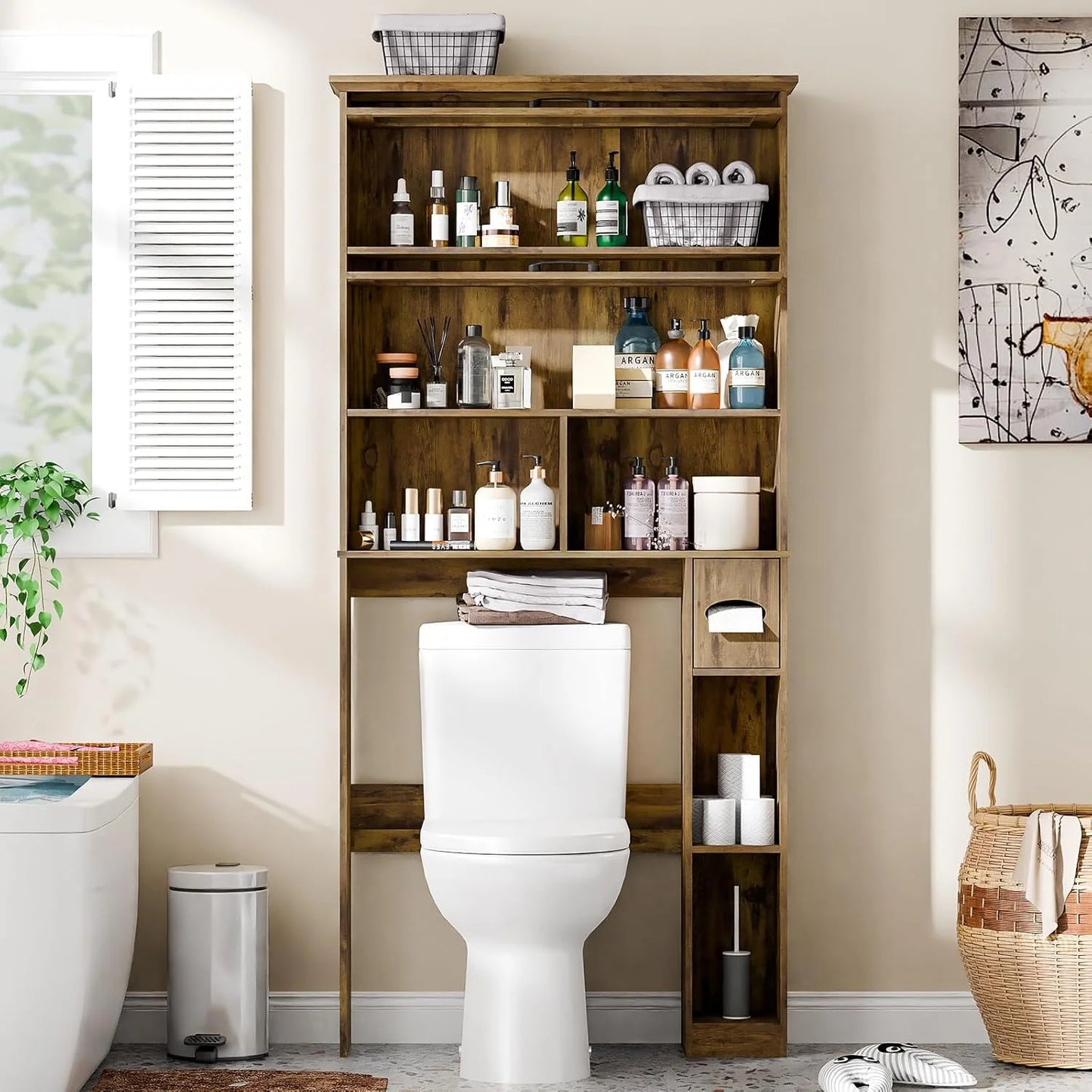Over The Toilet Storage Cabinet with Transparent Door, Toilet Paper Storage Cabinet with Multi Layer Shelves Suitable for Bathroom, Laundry Room, Freestanding Bathroom Storage Rack,Brown