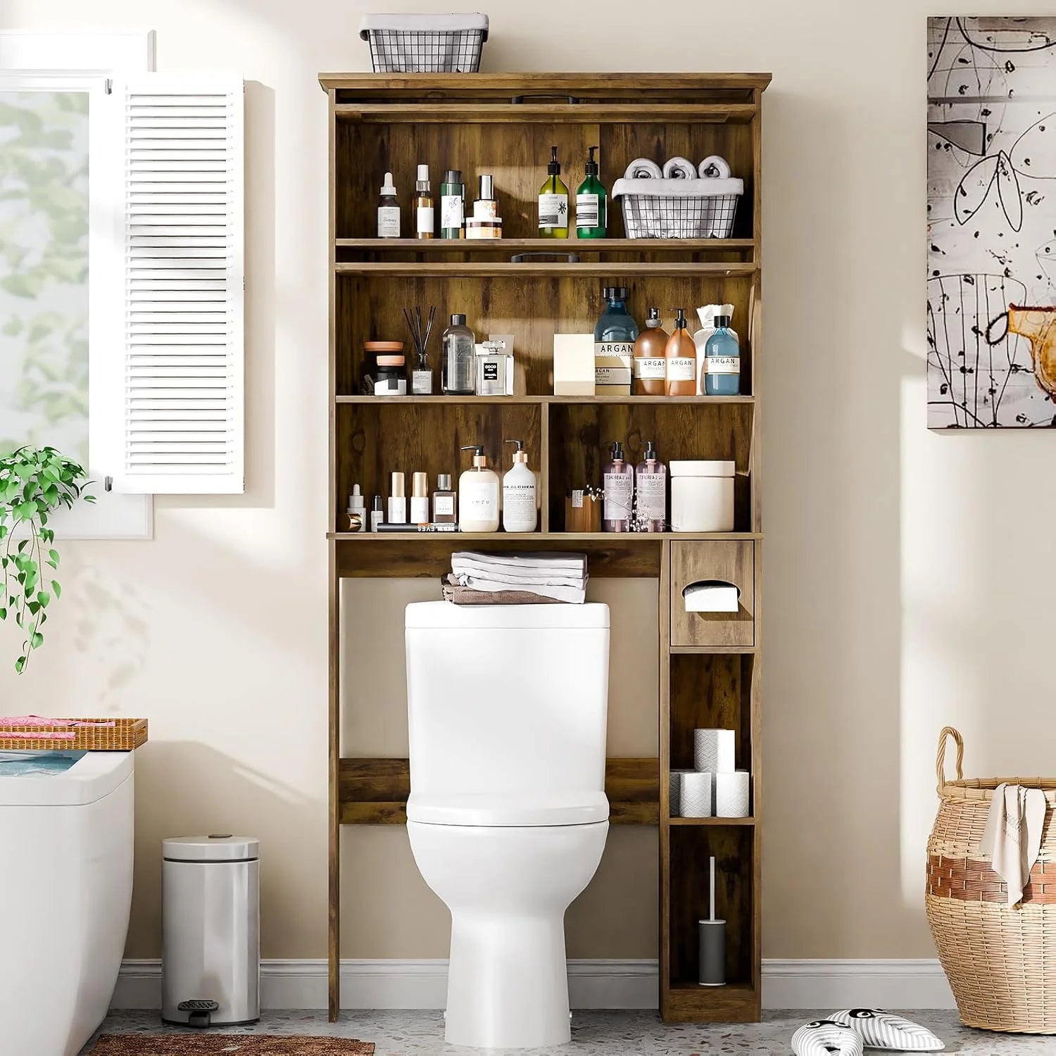 Over The Toilet Storage Cabinet with Transparent Door, Toilet Paper Storage Cabinet with Multi Layer Shelves Suitable for Bathroom, Laundry Room, Freestanding Bathroom Storage Rack,Brown