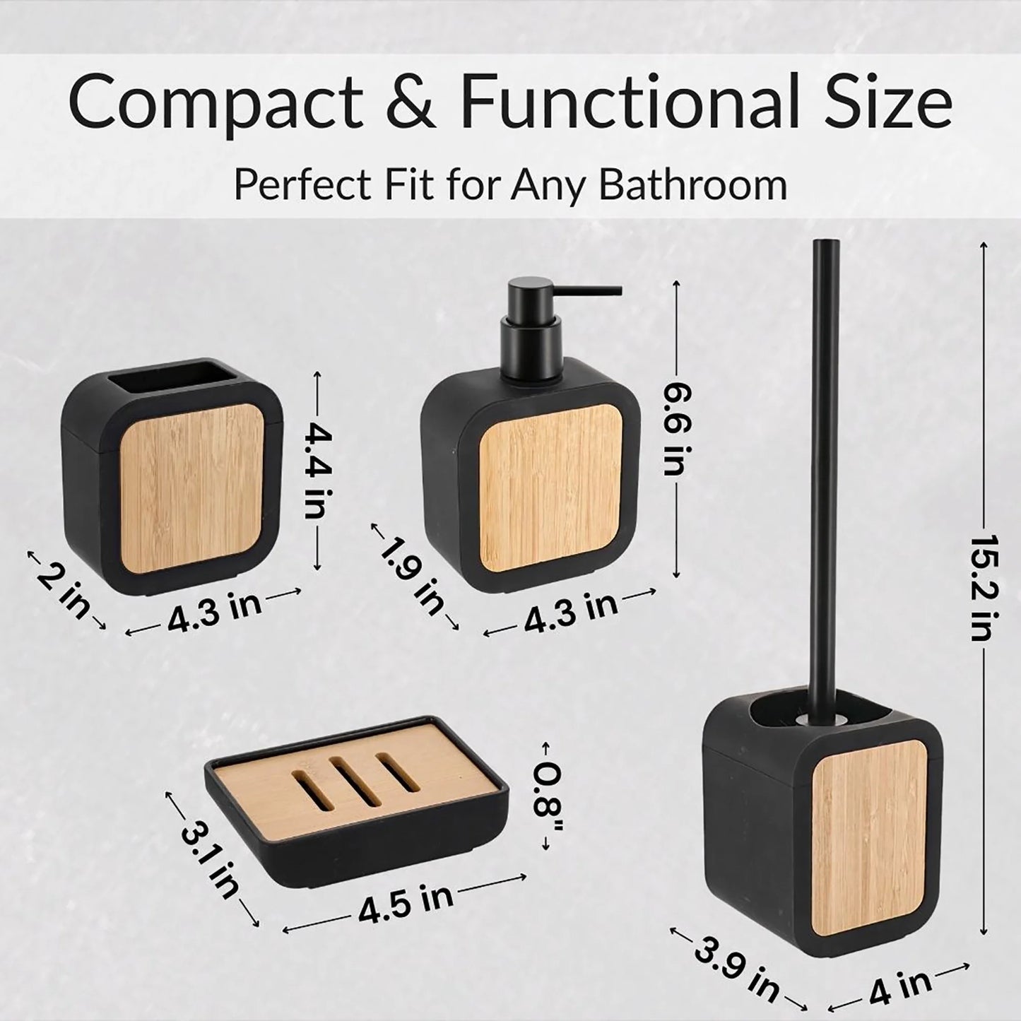4-Piece Bathroom Accessory Set Gray Rubber and Acacia