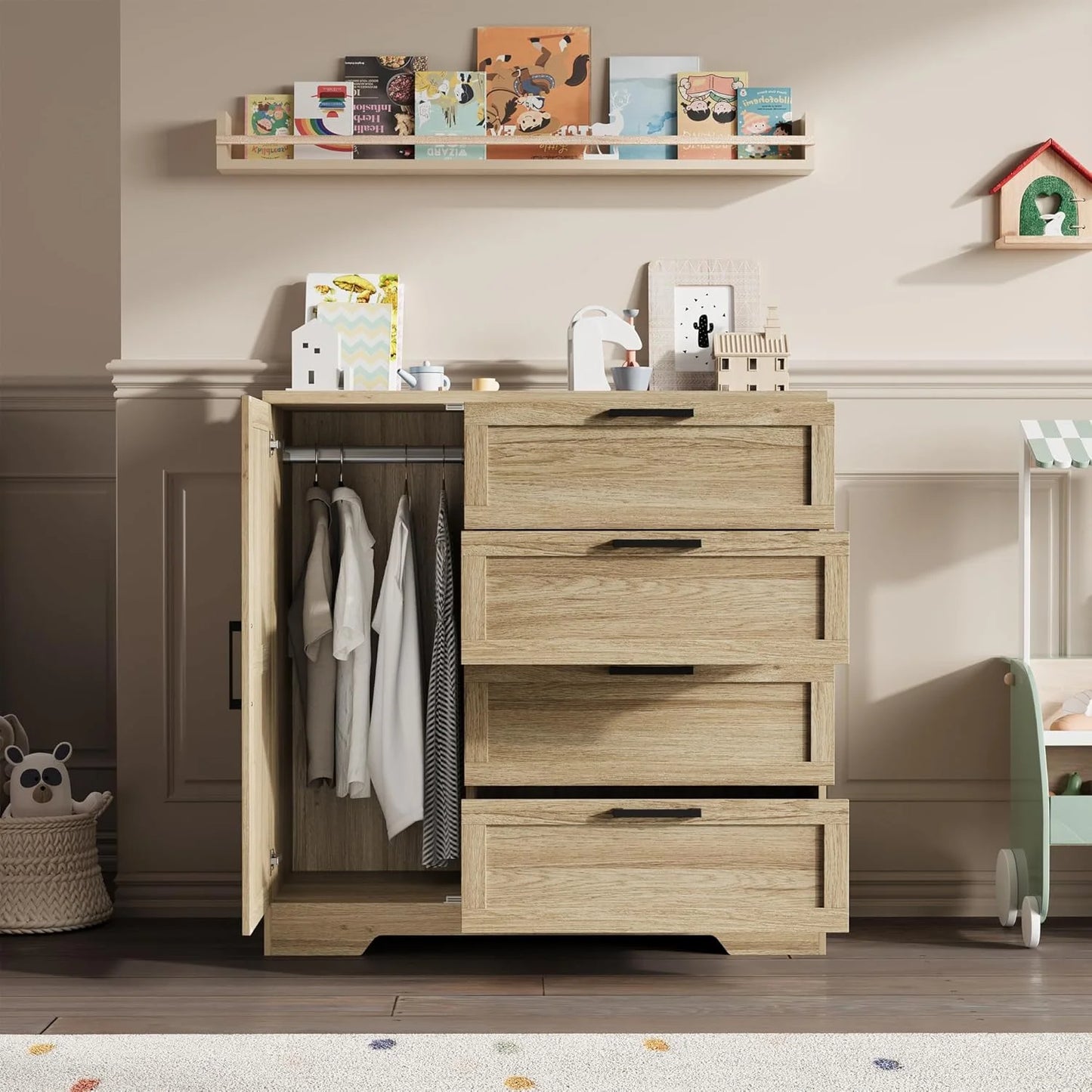 43.3'' Small Wardrobe Closet, Wardrobe Cabinet with Door, 4 Drawers and Handing Rod, Wooden Clothes Cabinet 4 Drawer Dresser for Bedroom, Laundry Room, Cloak Room, Natural Oak