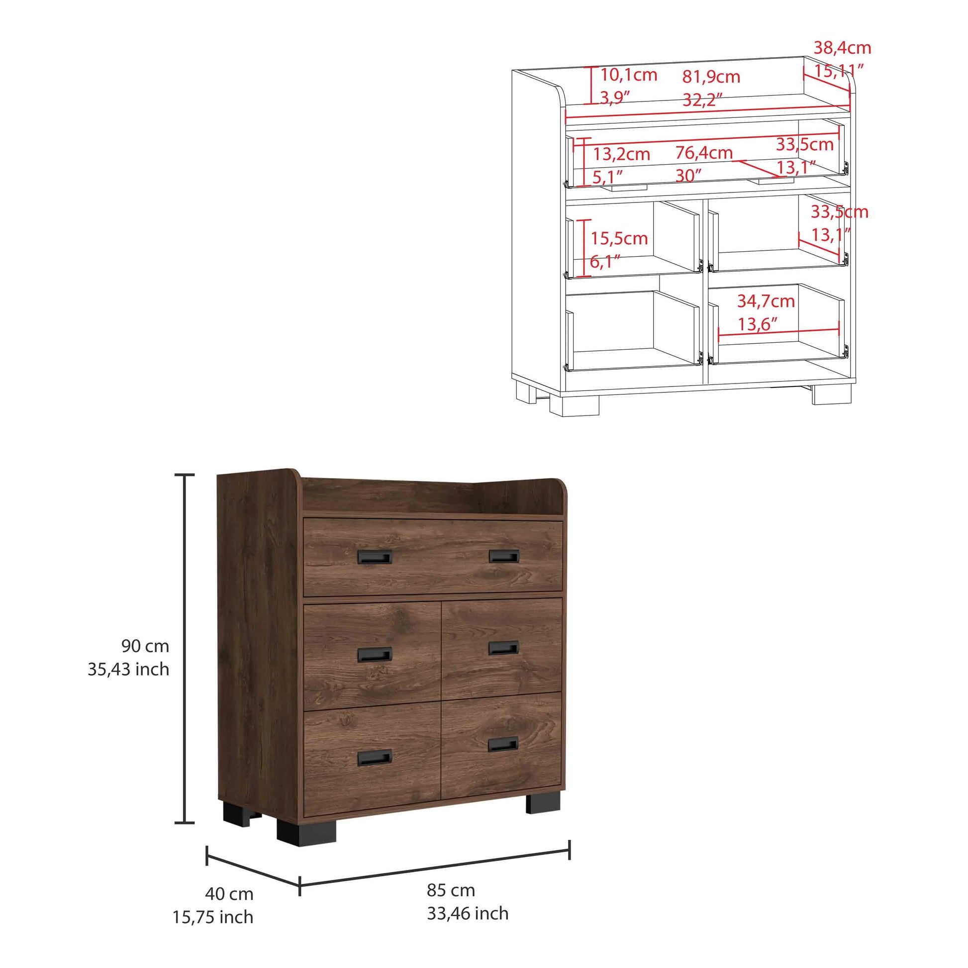 DUOSONG Alyn Dresser, Four Legs, Four Drawers, One Double Drawer, Superior Top -Dark Brown Brown Particle Board Furniture Bedroom Furniture Dressers, Chests & Wardrobes