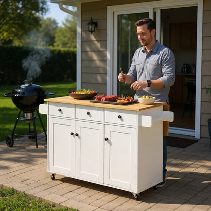 Homy Casa 56" Rolling Kitchen Island with Wood Top, Storage Cabinet, 3 Drawers, Towel Racks, White