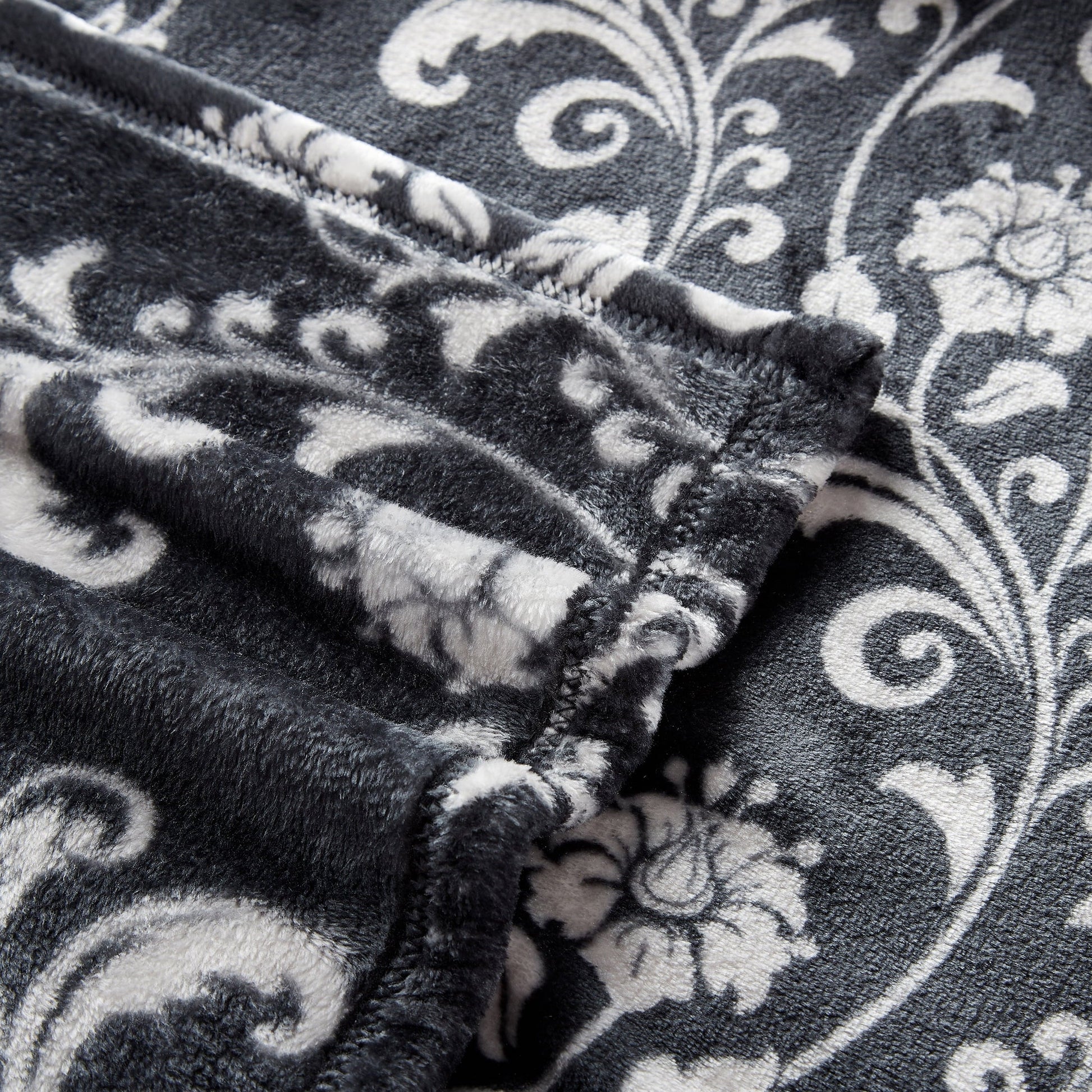 SoftLux Printed Luxury Velvet Plush Fleece Blanket, Full/Queen, 90" x90", Grey Floral Scroll
