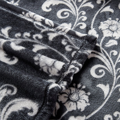 SoftLux Printed Luxury Velvet Plush Fleece Blanket, Full/Queen, 90" x90", Grey Floral Scroll