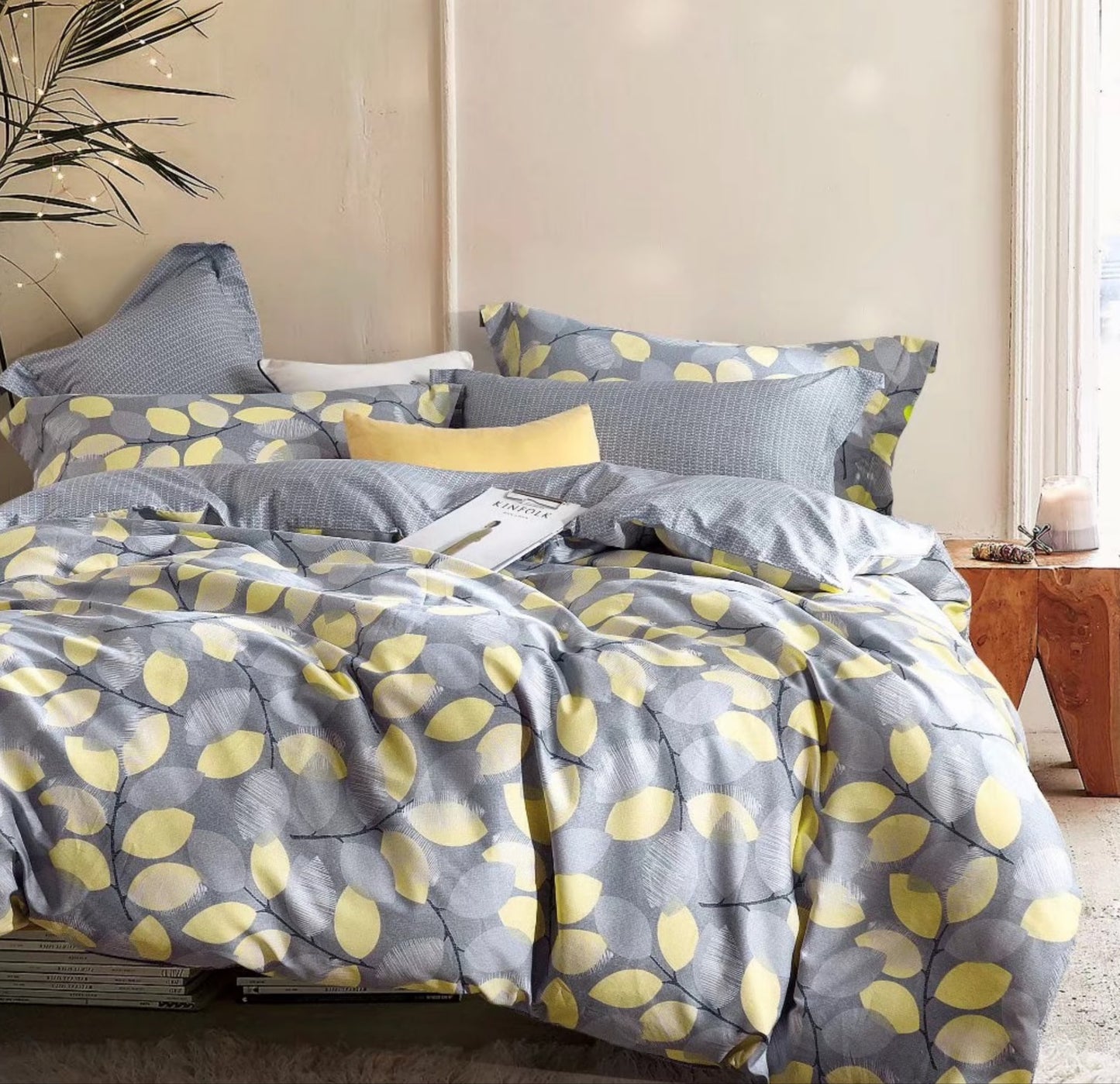 Say Yes Bedding Woodgrove Grey/Yellow Leaf Pattern Cotton Comforter Set , King Size