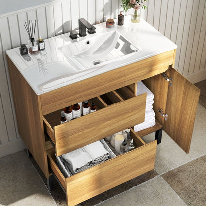 Uforic 36 " Bathroom Vanity with Undermount Sink, Free Standing Bathroom Storage Cabinet with 2 Drawers, Oak