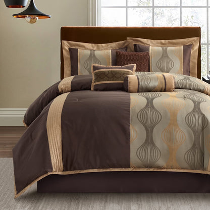 Lanco Elegant Black and Gold Comforter Set,Striped, 7 Pieces Jacquard Bedding Sets with Comforter for All Season, Bed Skirt, Pillows & Shams, Queen Size, Lightweight Microfiber