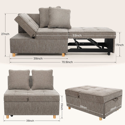 SEJOV 4-in-1 Convertible Sleeper Chair Bed, Linen Sofa Bed for Small Space, Futon Sofa with 2 Throw Pillows for Living Room, Single Recliner with 5 Adjustable Backrest for Bedroom Apartment, Brown