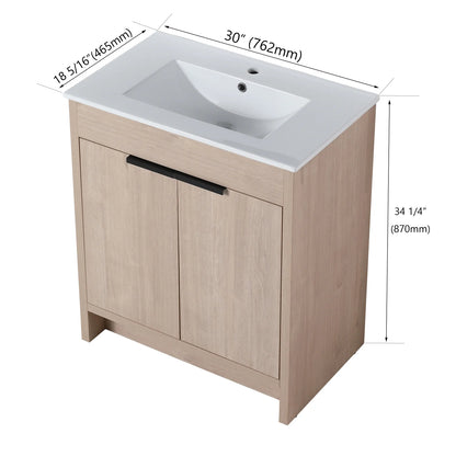 Holaki 30 Inch Freestanding Bathroom Vanity with Black Ceramic Sink & 2 Soft-Close Cabinet Doors, Plain Light Oak
