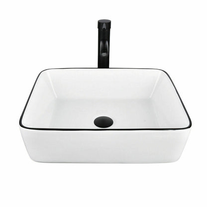 FULLWATT Bathroom Ceramic Sink Vanity Vessel Basin Porcelain Faucet Drain Combo Rectangle,White