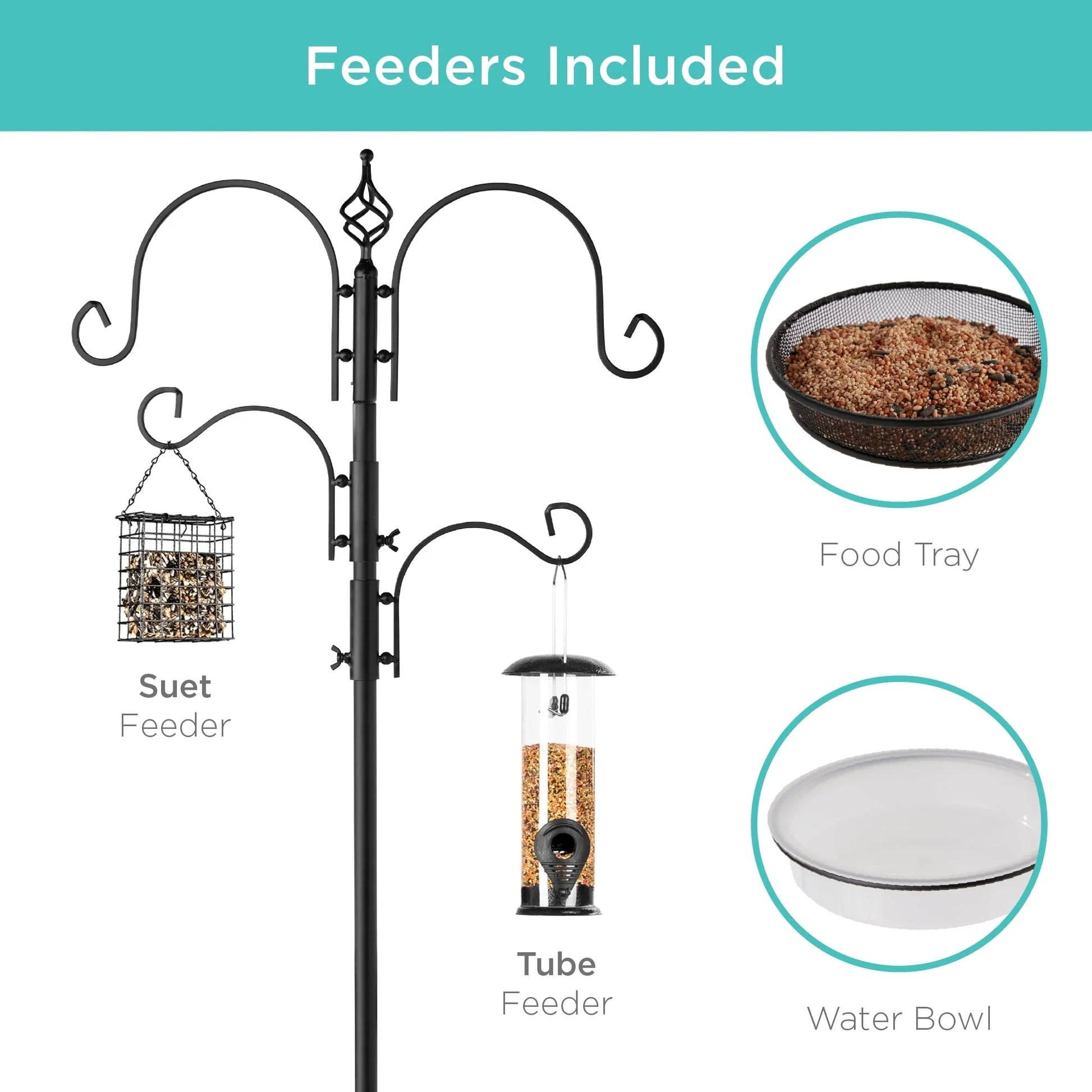 Best Choice Products 91in 4-Hook Bird Feeding Station, Steel Multi-Feeder Stand w/2 Feeders, Tray, Bird Bath - Black