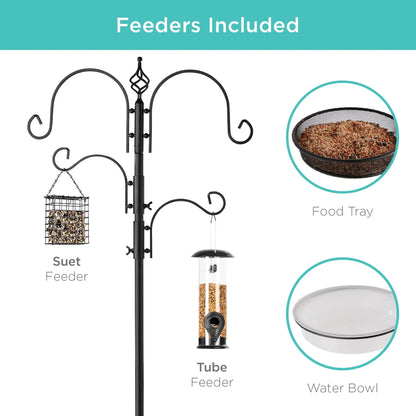 Best Choice Products 91in 4-Hook Bird Feeding Station, Steel Multi-Feeder Stand w/2 Feeders, Tray, Bird Bath - Black