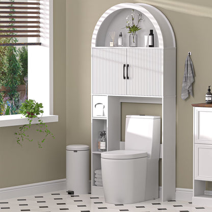 HARIPUL Over The Toilet Storage Cabinet w/Unique Wood Grain & Arc Design, Freestanding Bathroom Shelf Organizer Space Saver w/Doors & Anti-Tip Device, Wood Color