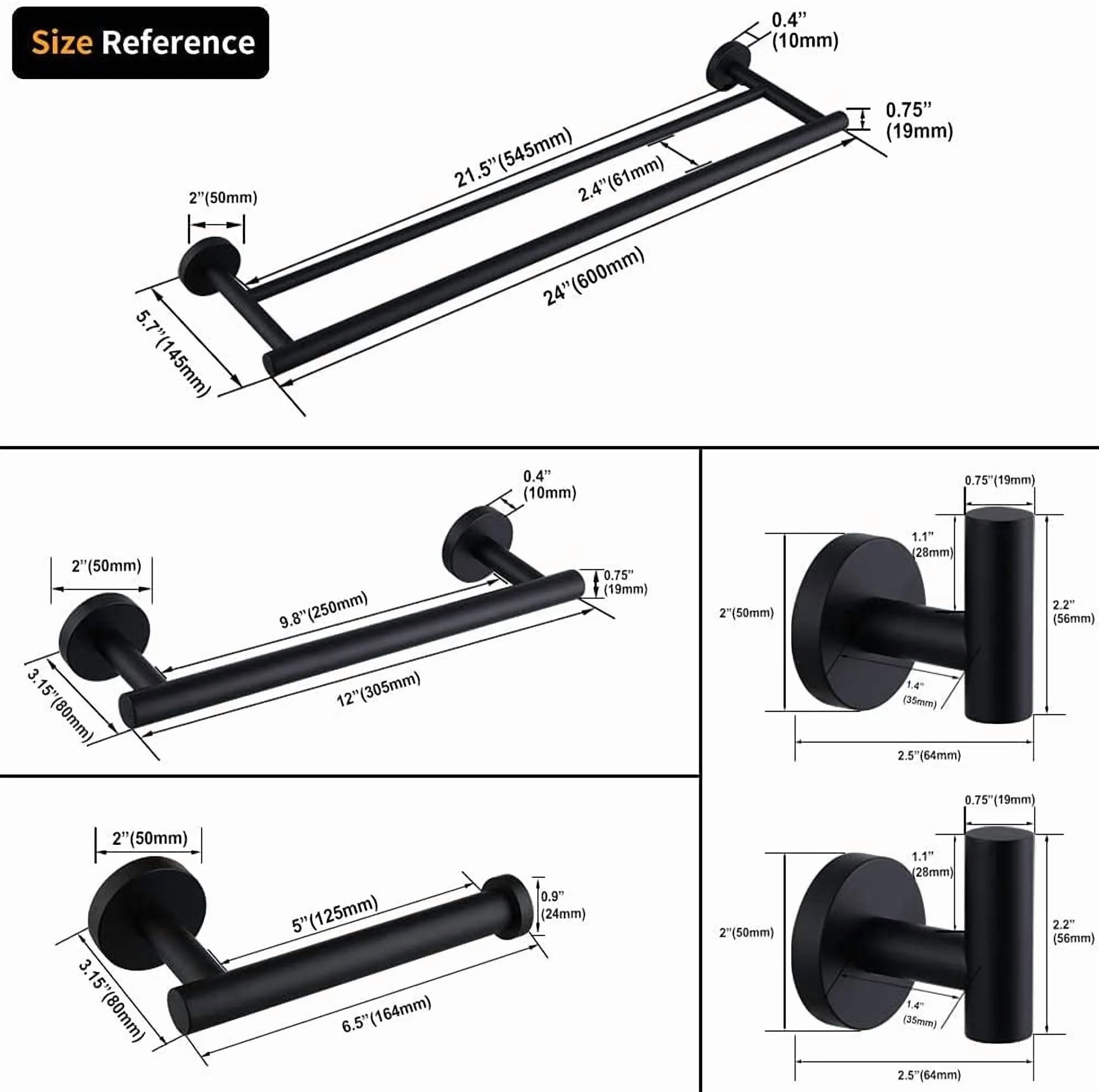 Matte Black Bathroom Accessories Kit 5-Pieces Bathroom Hardware Set Wall Mounted - Includes 24" Double Towel Bar, 12" Hand Towel Bar, Toilet Paper Holder, 2X Robe Towel Hooks ...