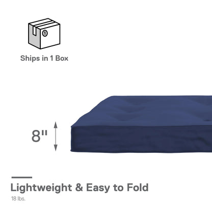 DHP Caden 8 Inch Futon Mattress with Tufted Cover and Recycled Polyester Fill, Full, Blue