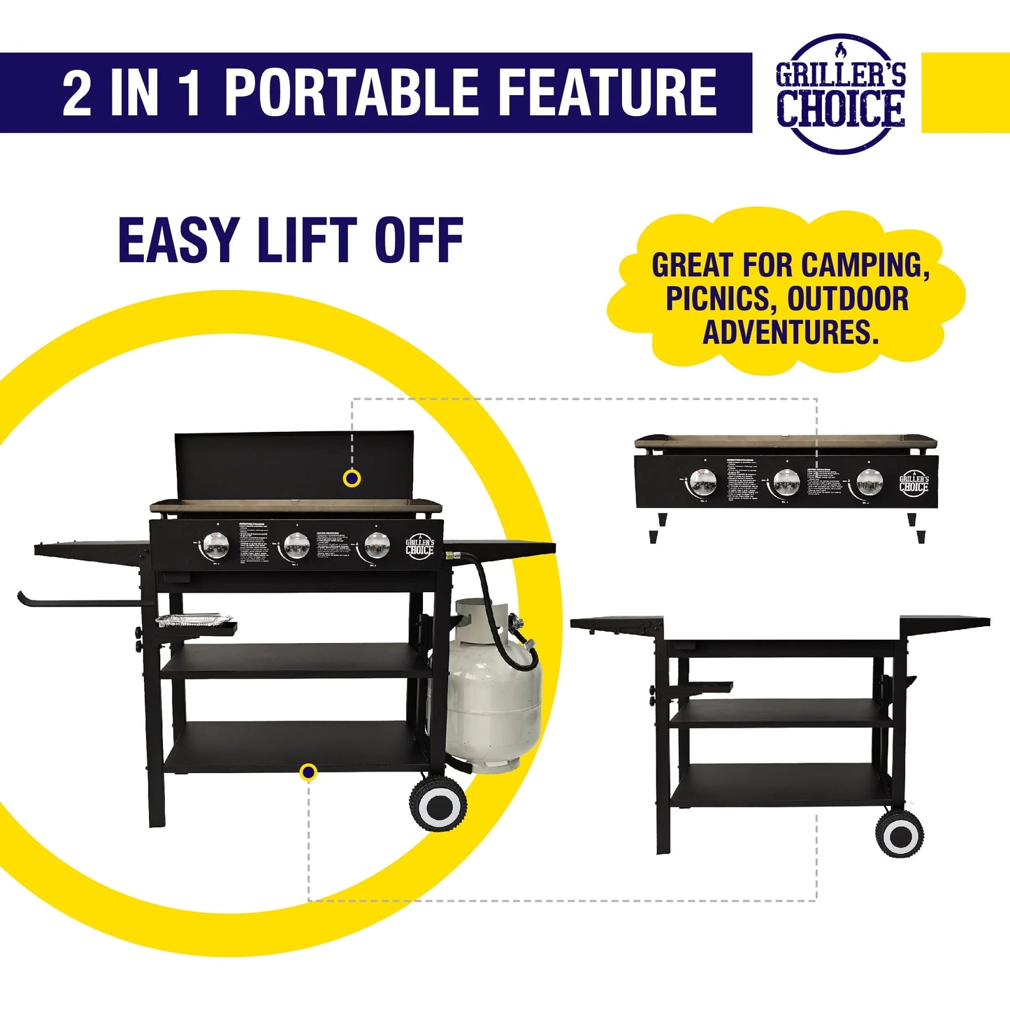 Griller's Choice Outdoor Griddle Grill Propane Flat Top - Hood Included, Large Flat Top Grill, 2-in-1 Portable, Paper Towel Holder