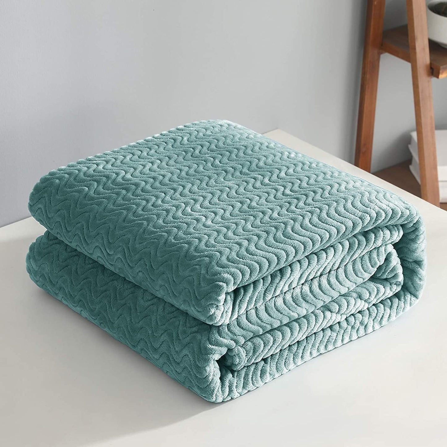 Exclusivo Mezcla King Size Jacquard Weave Wave Pattern Flannel Fleece Velvet Plush Bed Blanket as Bedspread/Coverlet/Bed Cover (90" x 104", Celadon) - Soft, Lightweight, Warm and Cozy