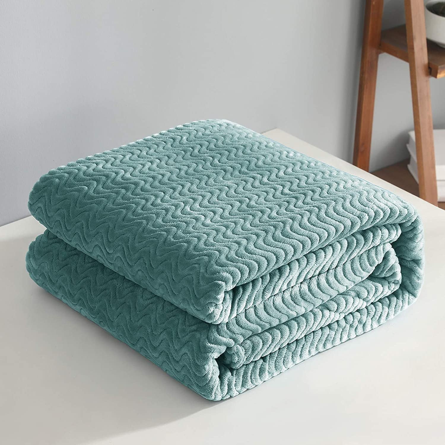 Exclusivo Mezcla King Size Jacquard Weave Wave Pattern Flannel Fleece Velvet Plush Bed Blanket as Bedspread/Coverlet/Bed Cover (90" x 104", Celadon) - Soft, Lightweight, Warm and Cozy