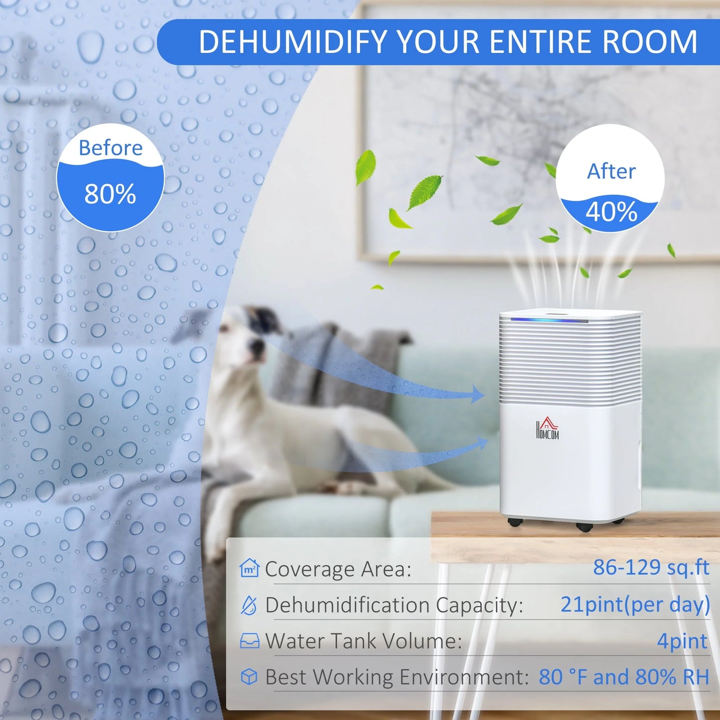 HOMCOM 1260 Sq. Ft Portable Electric Dehumidifiers with 3 Color Lights, LED Display, Quiet Dehumidifier for Basements, Bedroom, Bathroom, Closet, RV, 21pt/Day, White