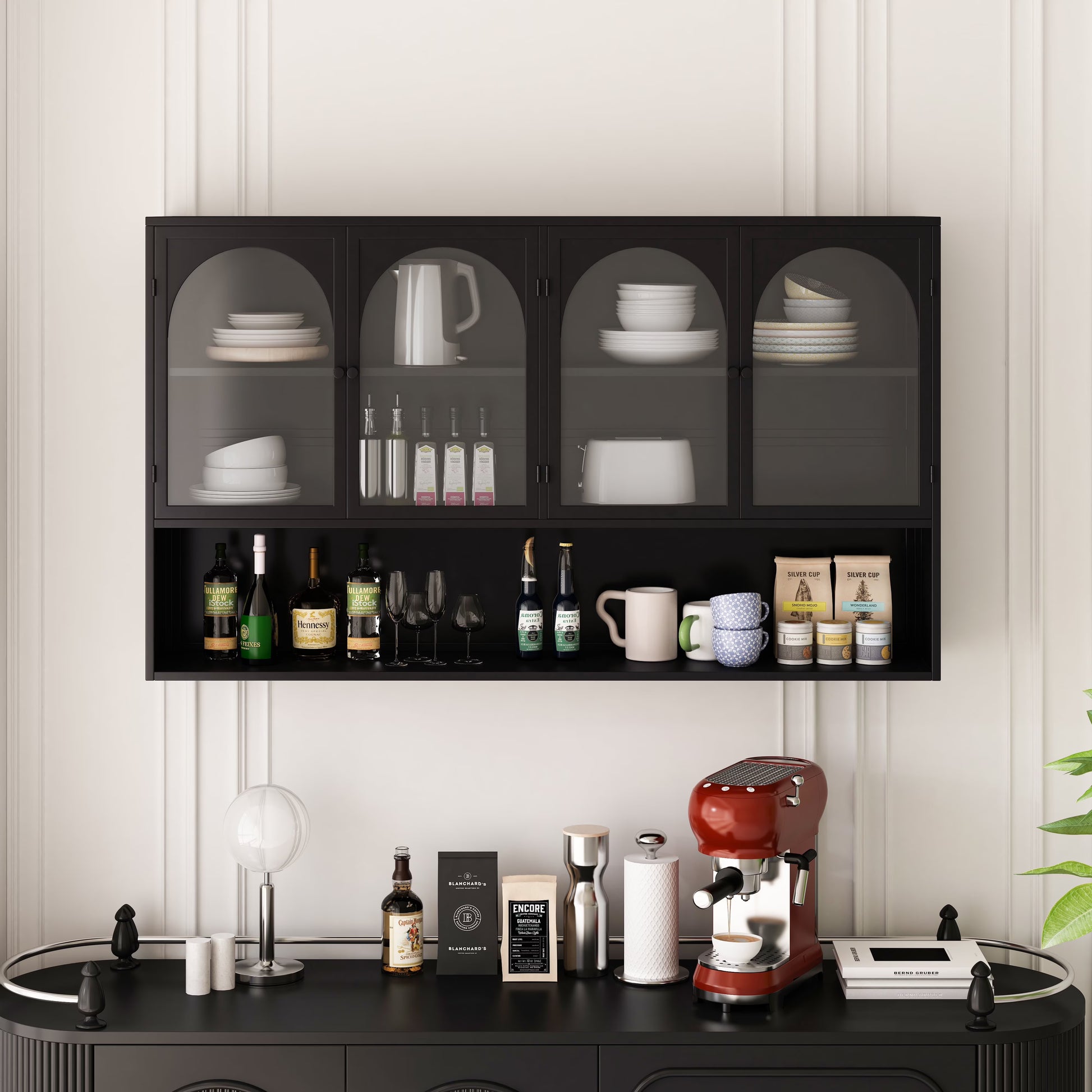 Dasun 47.25" Four-door Glass Wall Cabinet Storage, Wall-mounted, Suitable for Kitchen, Living Room, Bathroom(Black)