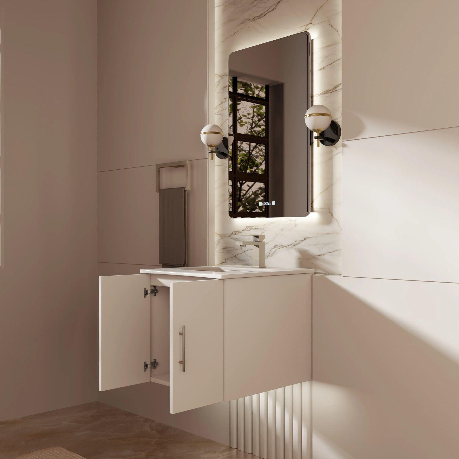 Geneva 24 in W x in D Glossy White Single Bath Vanity Cultured Marble Countertop, 18 in Mirror and Faucet Set