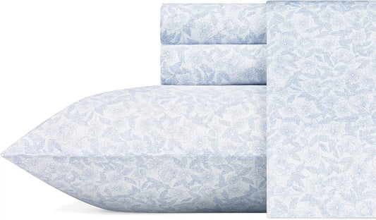 Laura Ashley Home - Full Sheets, Soft Sateen Cotton Bedding Set - Sleek, Smooth, & Breathable Home Decor,Blossoming Blue Blossoming Blue/White Full