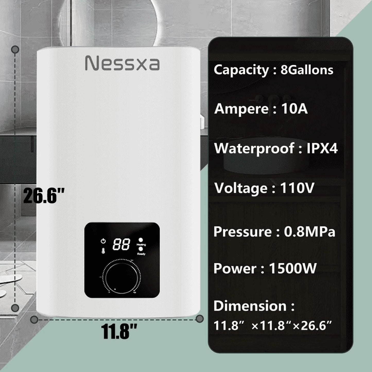 8 gallon mini instant electric water heater, 110V/1500W, kitchen sink quick heating water heater, bathroom household energy-saving water heater, instant heating, saving electricity and space