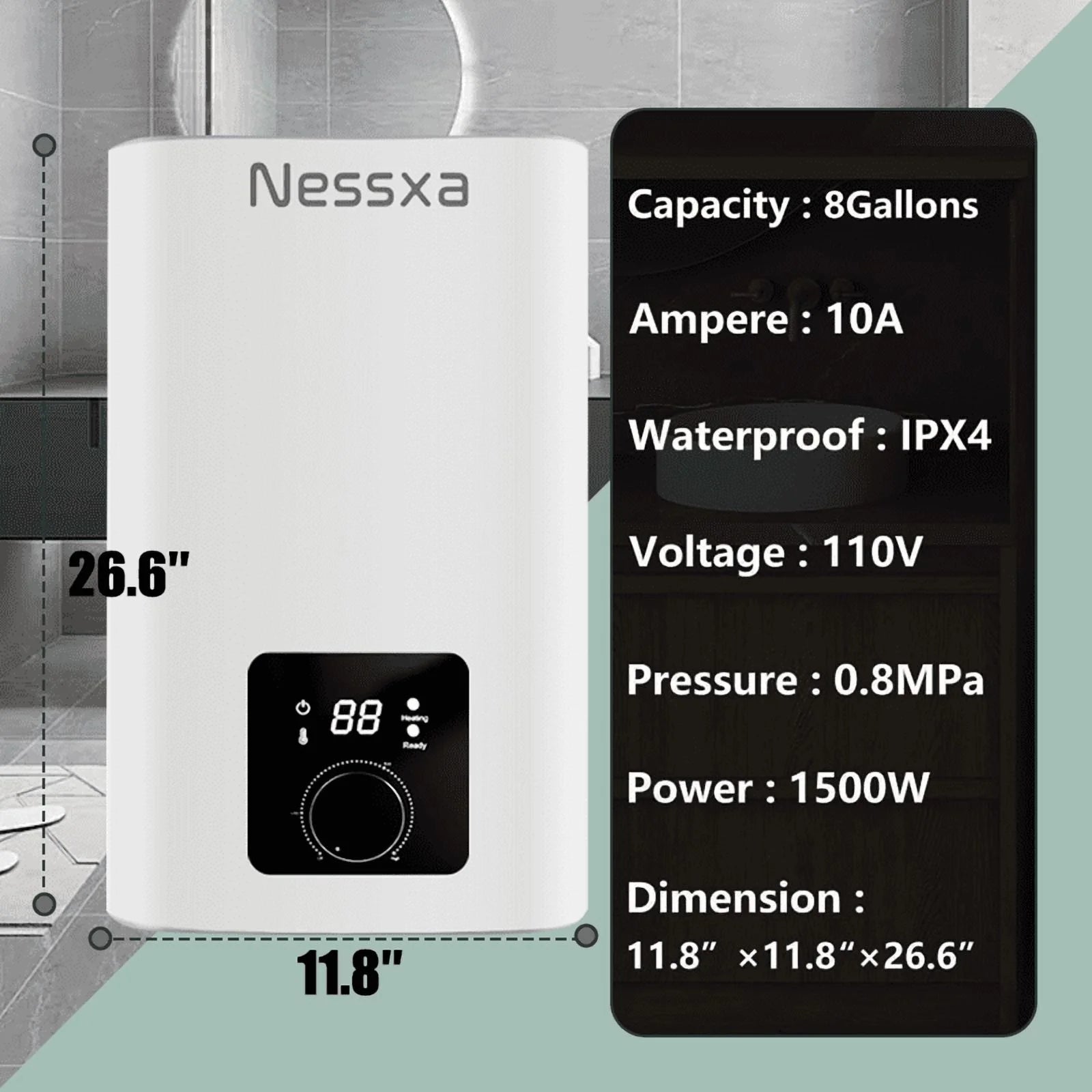 8 gallon mini instant electric water heater, 110V/1500W, kitchen sink quick heating water heater, bathroom household energy-saving water heater, instant heating, saving electricity and space