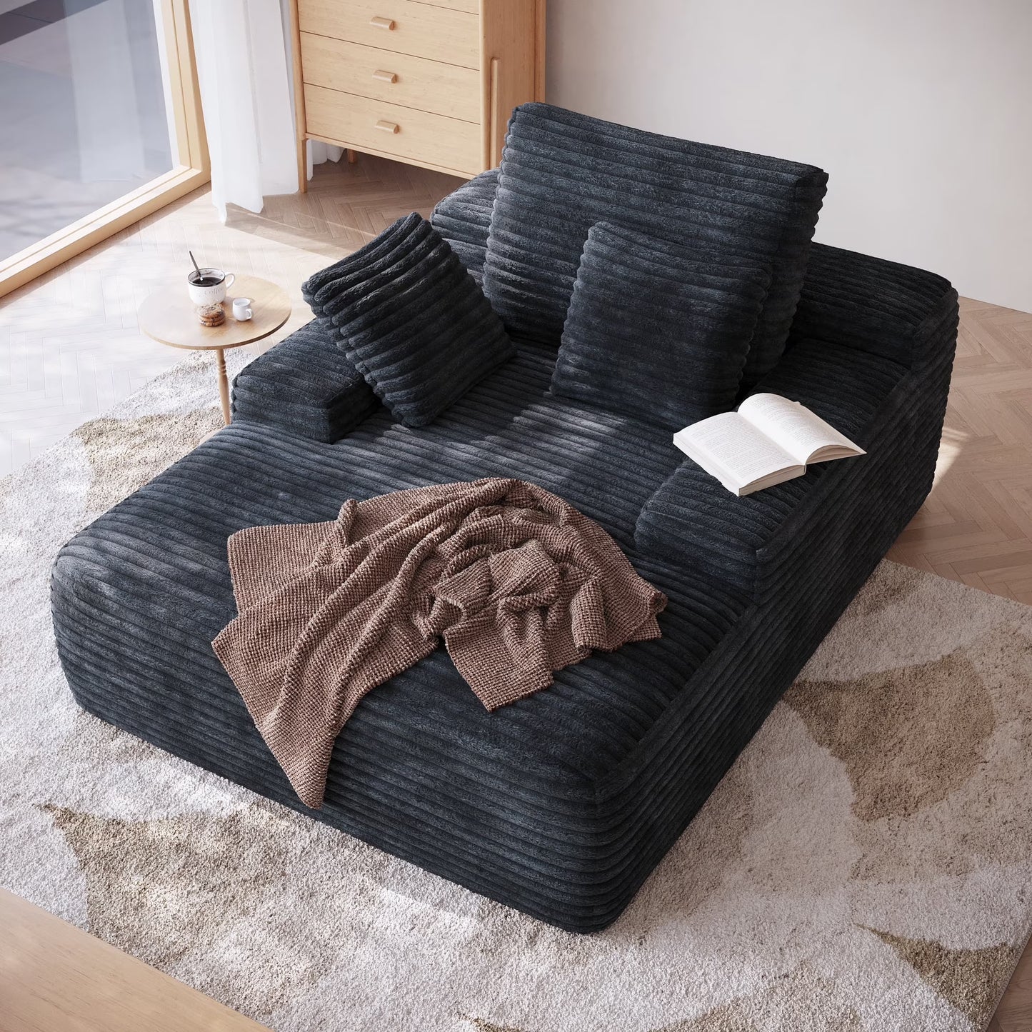 Sodrens Oversized Chaise Lounge Chair Indoor,Upholstered Sofa Bed with Throw Pillows and Armrests,Sleeper Chair for Living Room,Bedroom,Brown,Corduroy