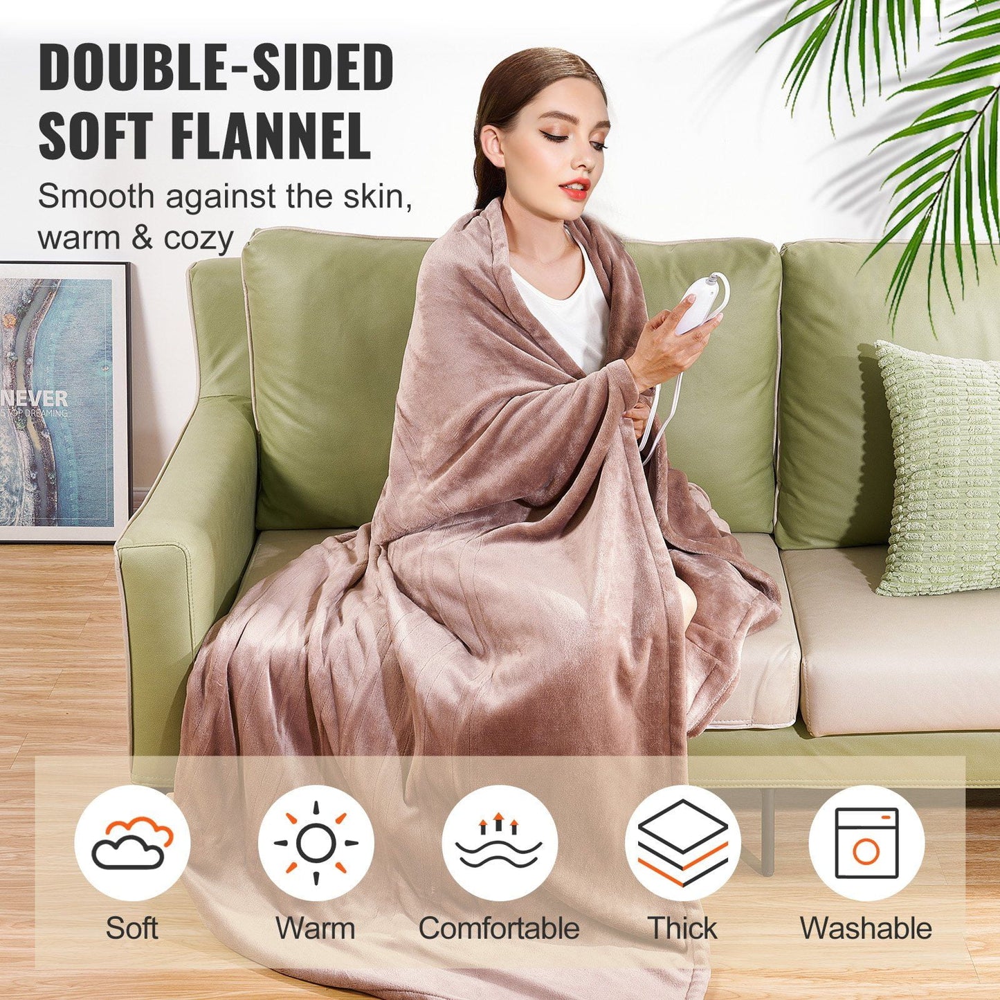 HCY Heated Blanket Electric Throw, 100" x 90" King Size, Soft Flannel Heating Blanket with 10 Hours Timer Auto-off & 5 Heating Levels, Dual Control, Machine Washable, ETL & FCC Certification (Beige)