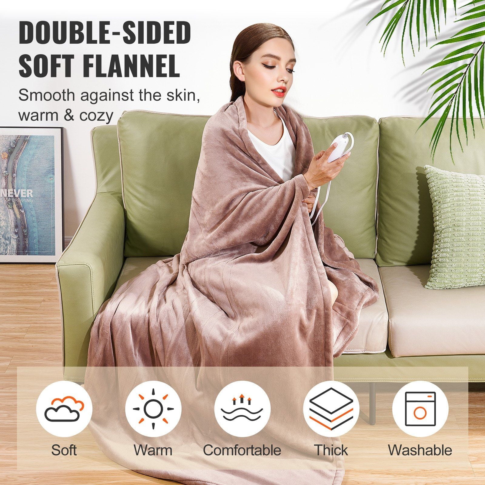 HCY Heated Blanket Electric Throw, 100" x 90" King Size, Soft Flannel Heating Blanket with 10 Hours Timer Auto-off & 5 Heating Levels, Dual Control, Machine Washable, ETL & FCC Certification (Beige)