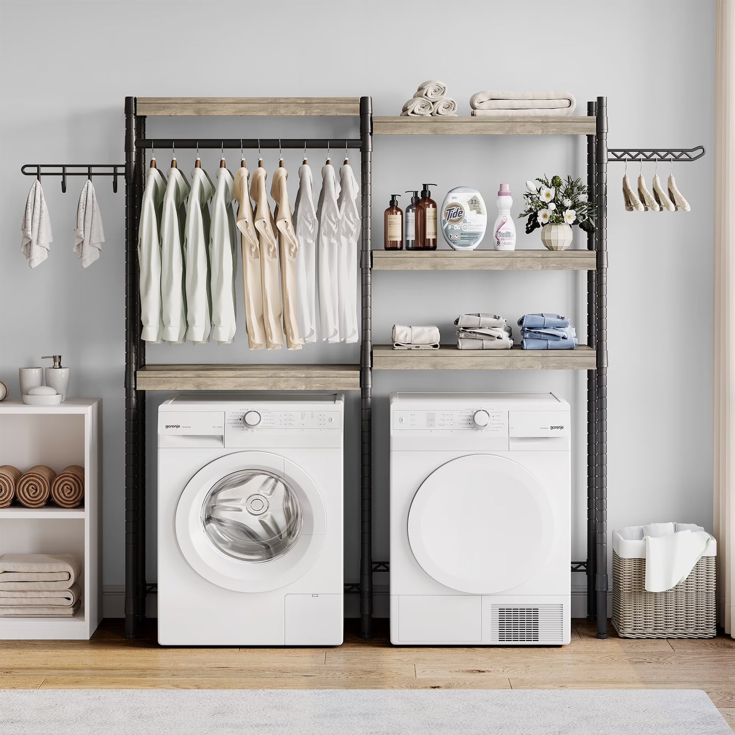 5 Tier Wood Over The Washer and Dryer Storage Shelf with Drying Clothes Racks Laundry Room Shelf Laundry Room Organization and Storage for Hanging Towels and Drying Clothes