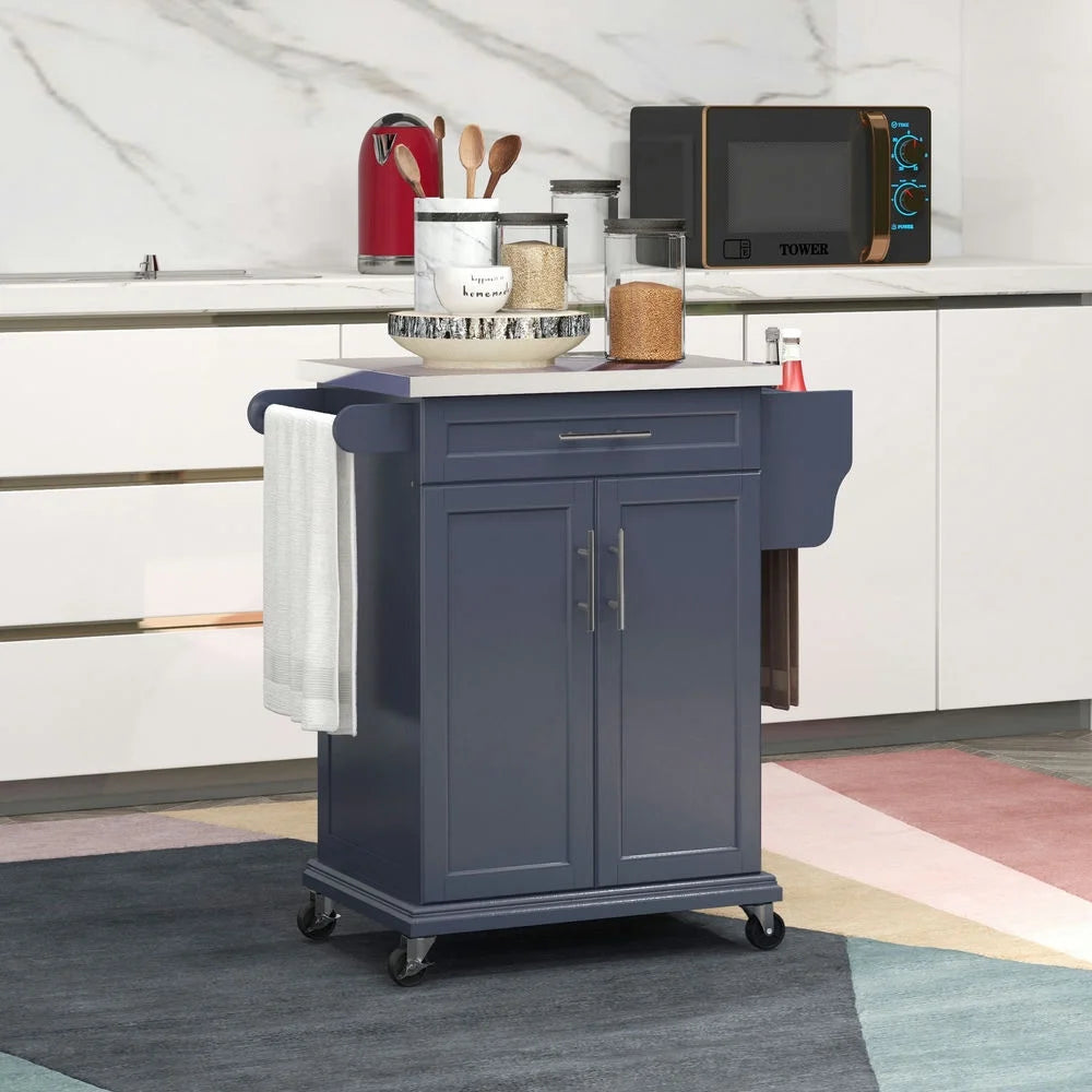 Barara King Kitchen Island,Rolling Island on Wheels, Kitchen Island Cart with Drawer, Towel Rack & Stainless Steel Countertop, Cream White