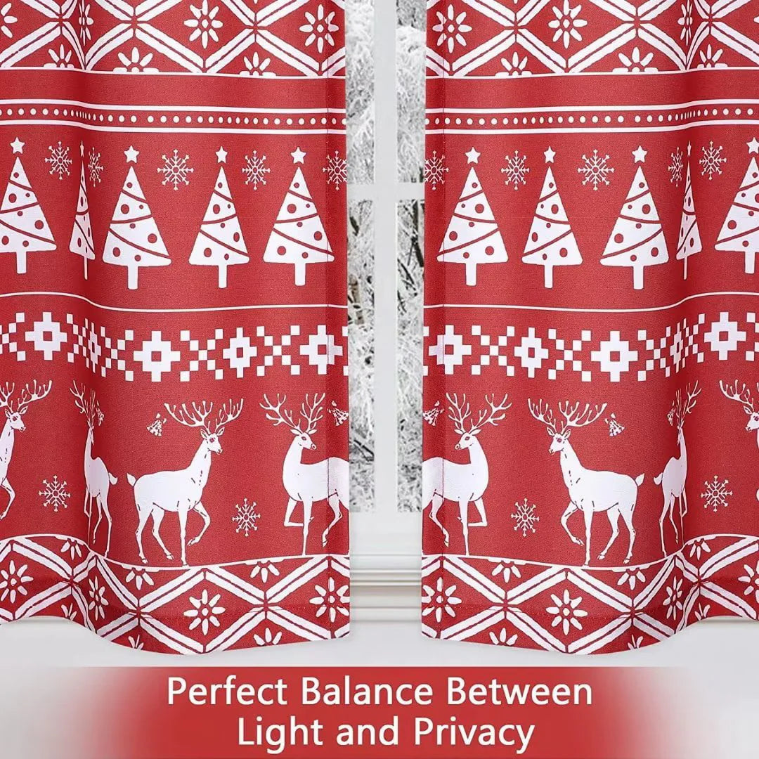 GlowSol 26"W x 24"L Boho Xmas Cafe Curtains Tree Deer Pattern Bathroom Curtain Blackout Half Window Kitchen Cafe Curtains, Red, Set of 2