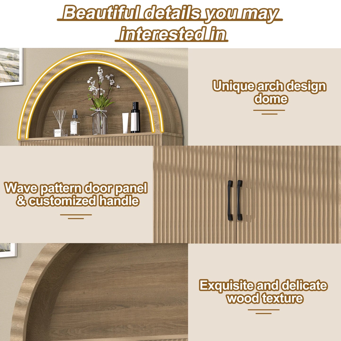 HARIPUL Over The Toilet Storage Cabinet w/Unique Wood Grain & Arc Design, Freestanding Bathroom Shelf Organizer Space Saver w/Doors & Anti-Tip Device, Wood Color