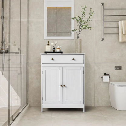 BaytoCare Wooden Free Standing Bathroom Floor Cabinet with Drawer and Double Doors, Bathroom Storage Organizer also Suitable for Kitchen Entryway Bedroom, White Finish