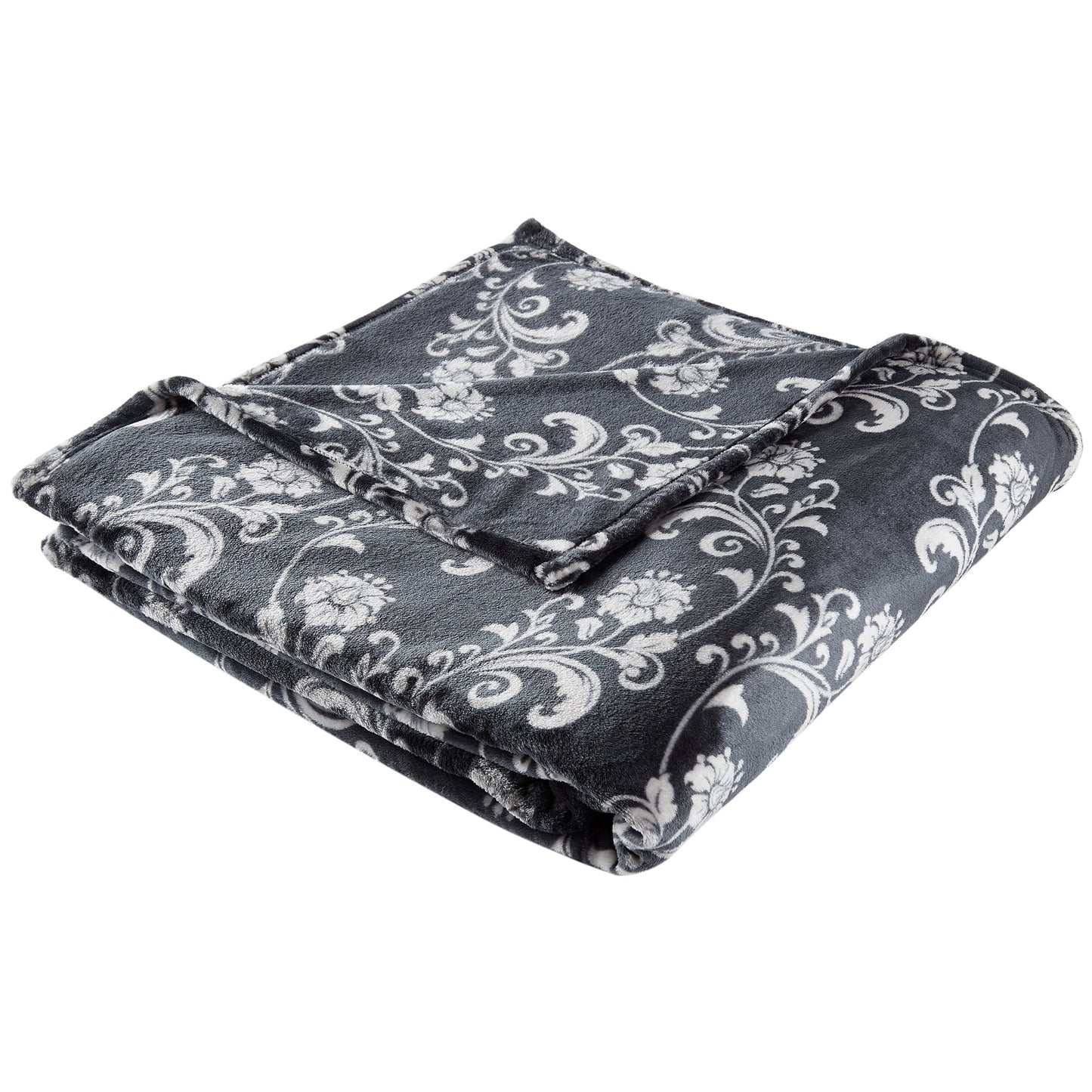 SoftLux Printed Luxury Velvet Plush Fleece Blanket, Full/Queen, 90" x90", Grey Floral Scroll