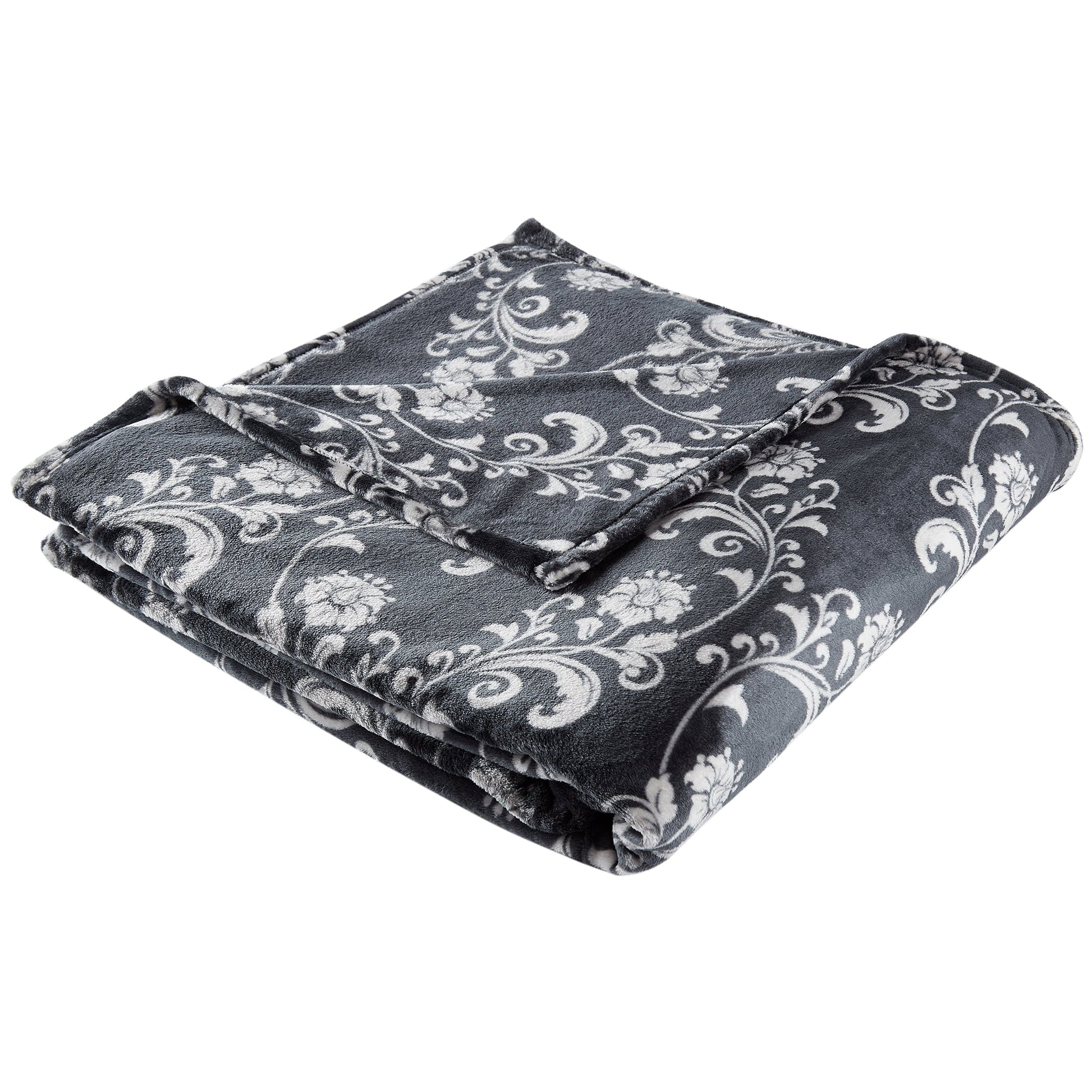 SoftLux Printed Luxury Velvet Plush Fleece Blanket, Full/Queen, 90" x90", Grey Floral Scroll